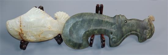 A Chinese archaistic white hardstone fish and a green hardstone dagger 17.5cm and 27cm
